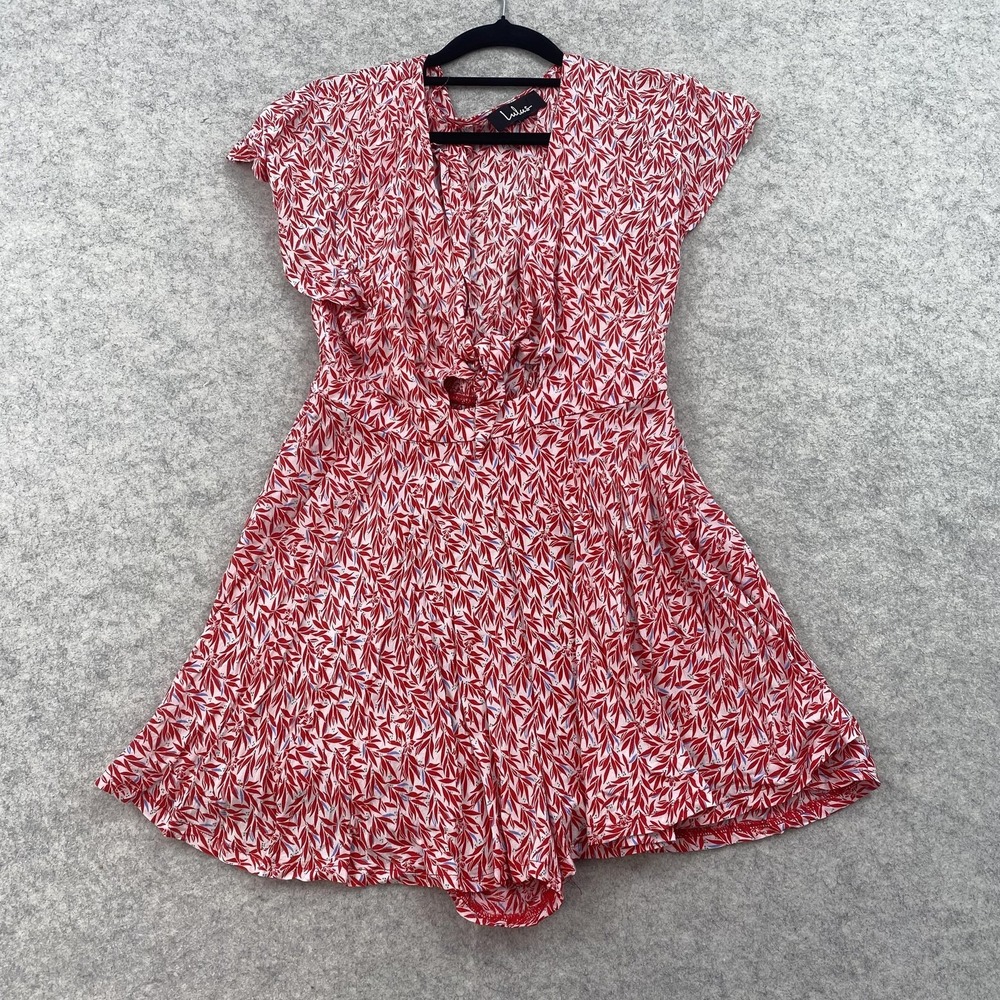 Lulus Romper Womens S Red Leaf Print Short Sleeve V Neck Elastic Waist Ruffle